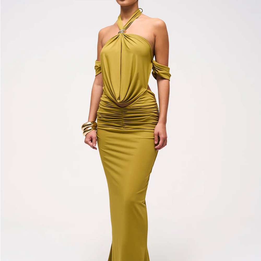 Chartreuse cowl neck maxi dress